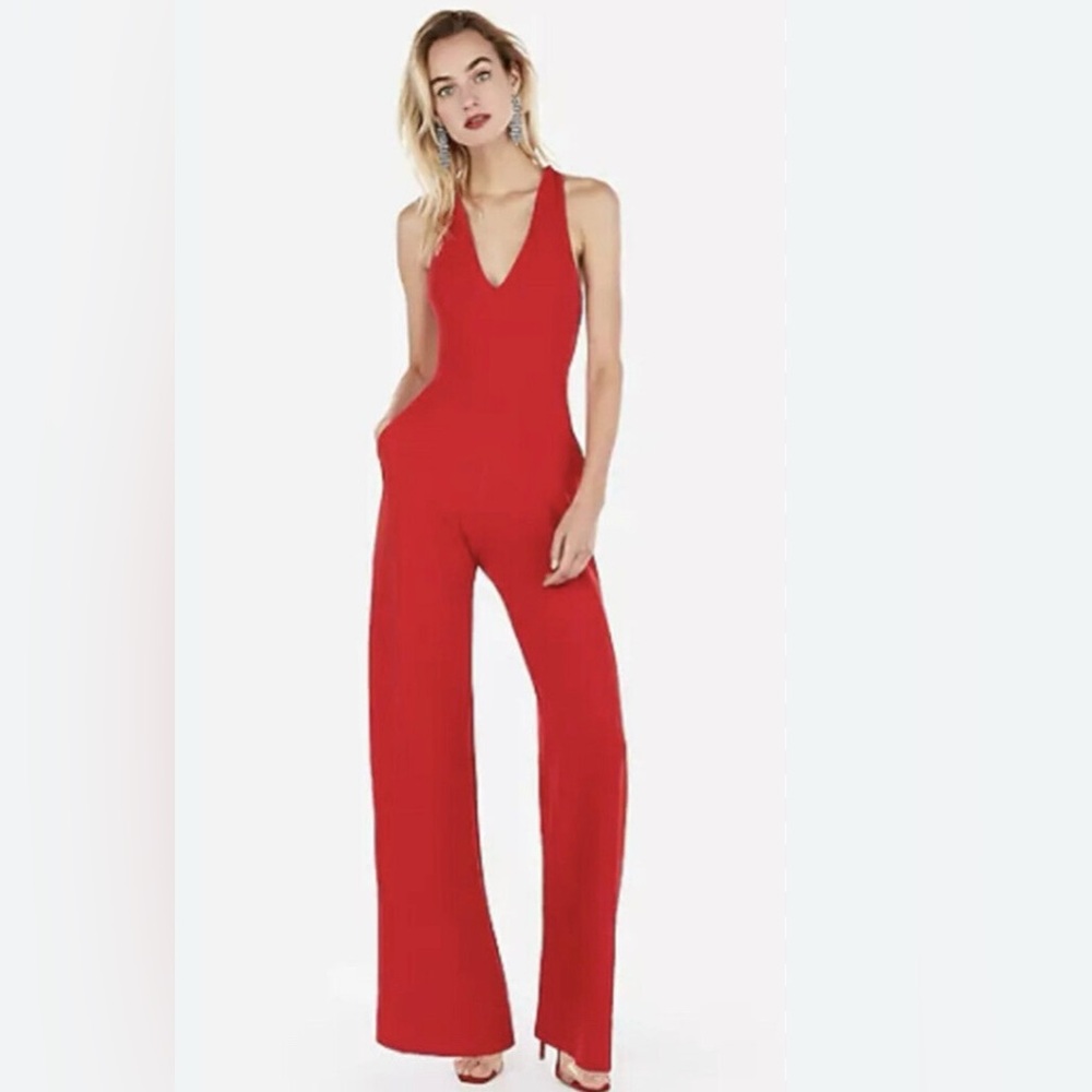 Express Cross Back Wide Leg Red Jumpsuit in Red - Picture 1 of 2